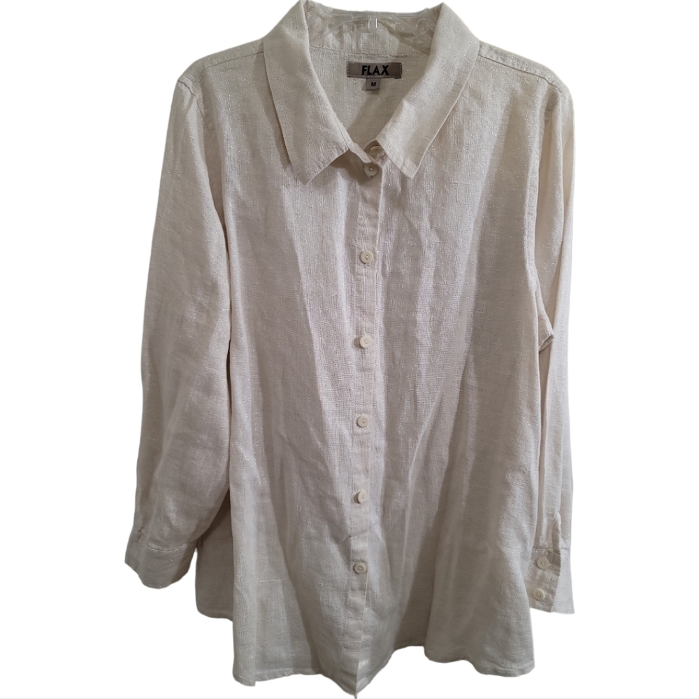 Flax Linen Blend Button-Up Tunic Shirt Silver Metallic Threading Cream Lagenlook